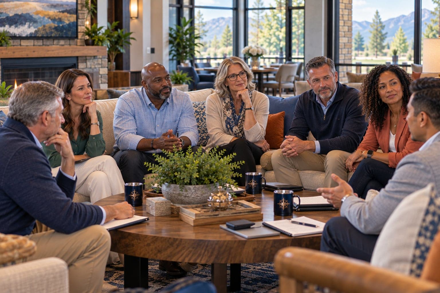 Illustration of an association board meeting in a community clubhouse: seven members around a coffee table, listening as one of them speaks.